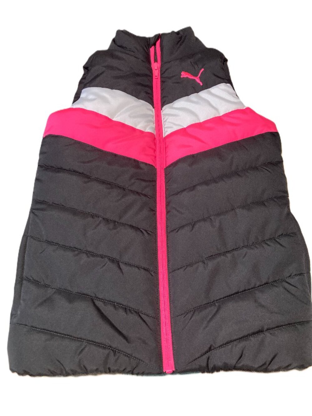 PUMA Girls Colorblock Puffer Vest Full Zip Black Pink White Size S 7/8
